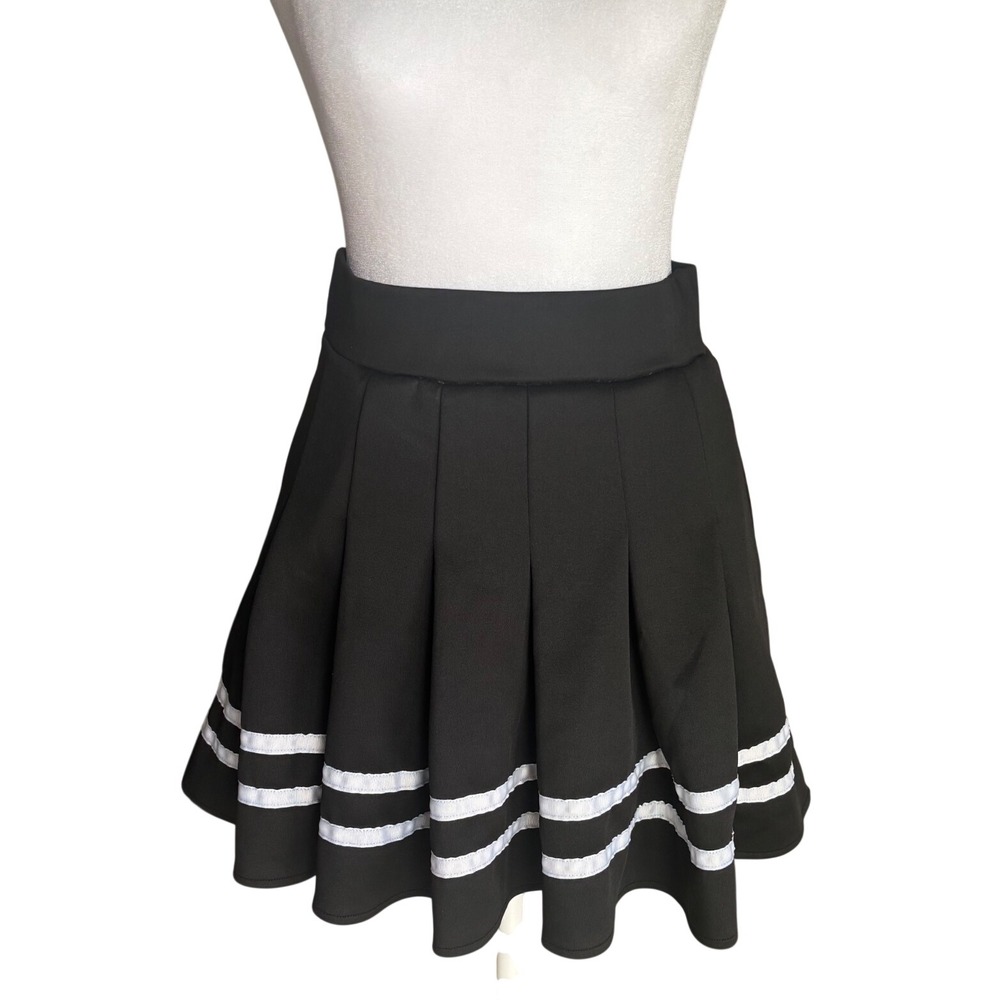 Black Pleated Mini Skirt White Stripes Cheerleader Preppy Schoolgirl Flowy Small